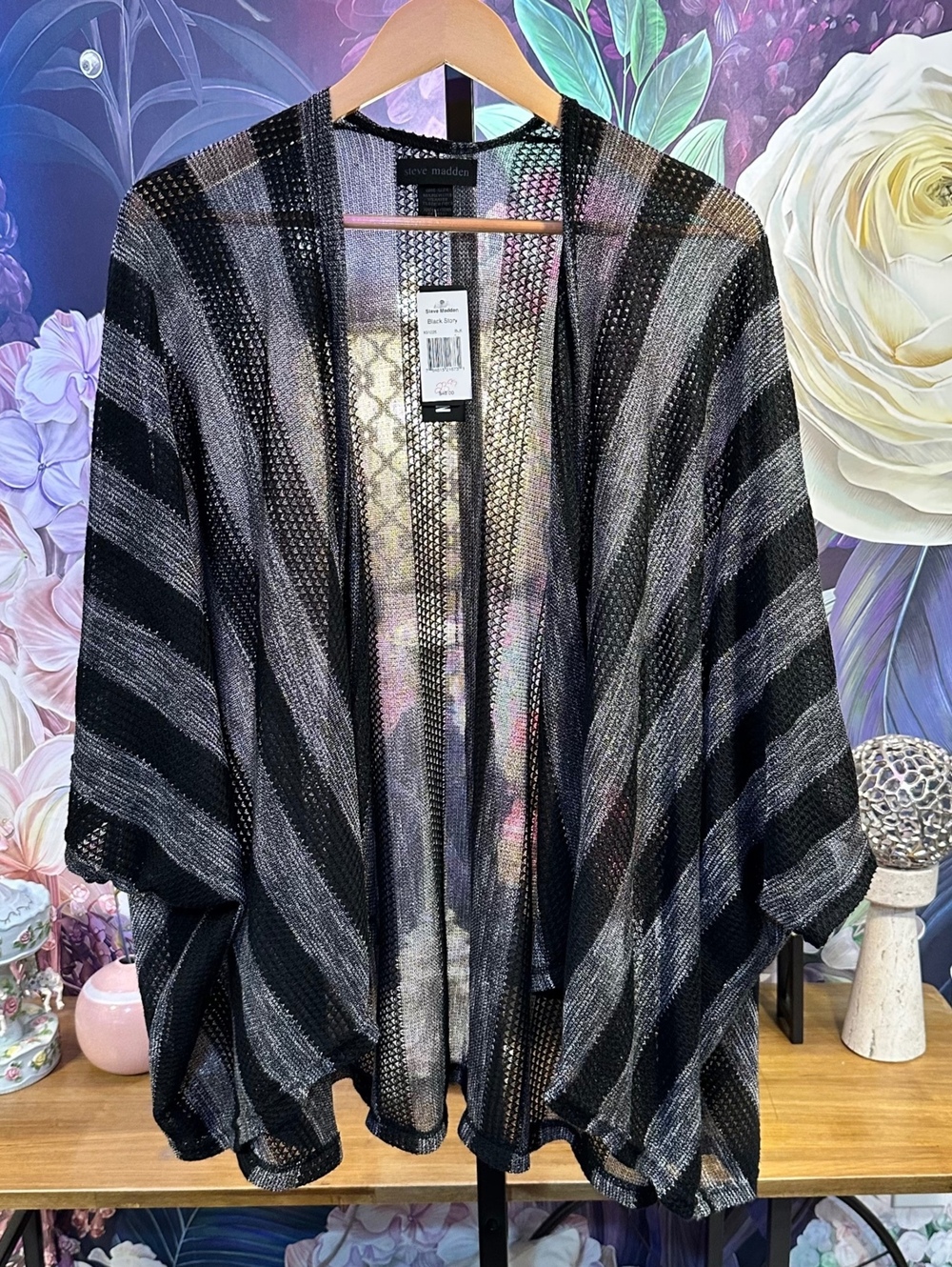 Steve Madden NWT $49 One Sze Kimono Open Front Sheer Striped Knit Cardigan Black
